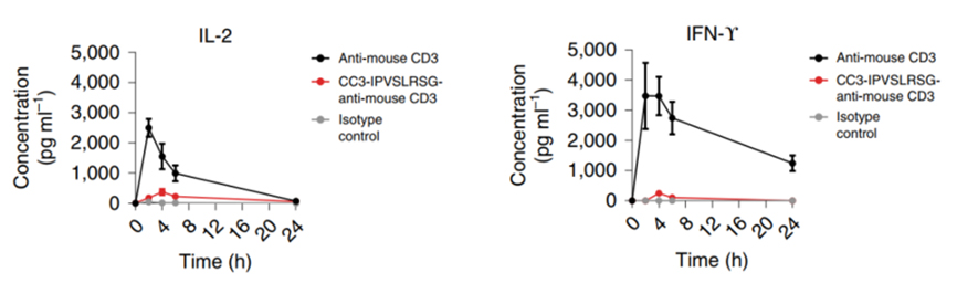 Dynamic concentrations of IL-2 and IFN-γ in mice post-dosing masked or unmasked anti-mouse CD3 antibodies