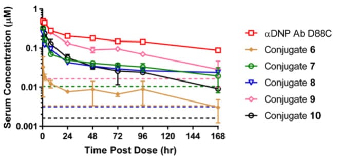 Pharmacokinetic curves for total antibody after IV administration of 5 mg/kg Conjugates 6-9 and naked antibody in CD-1 mice