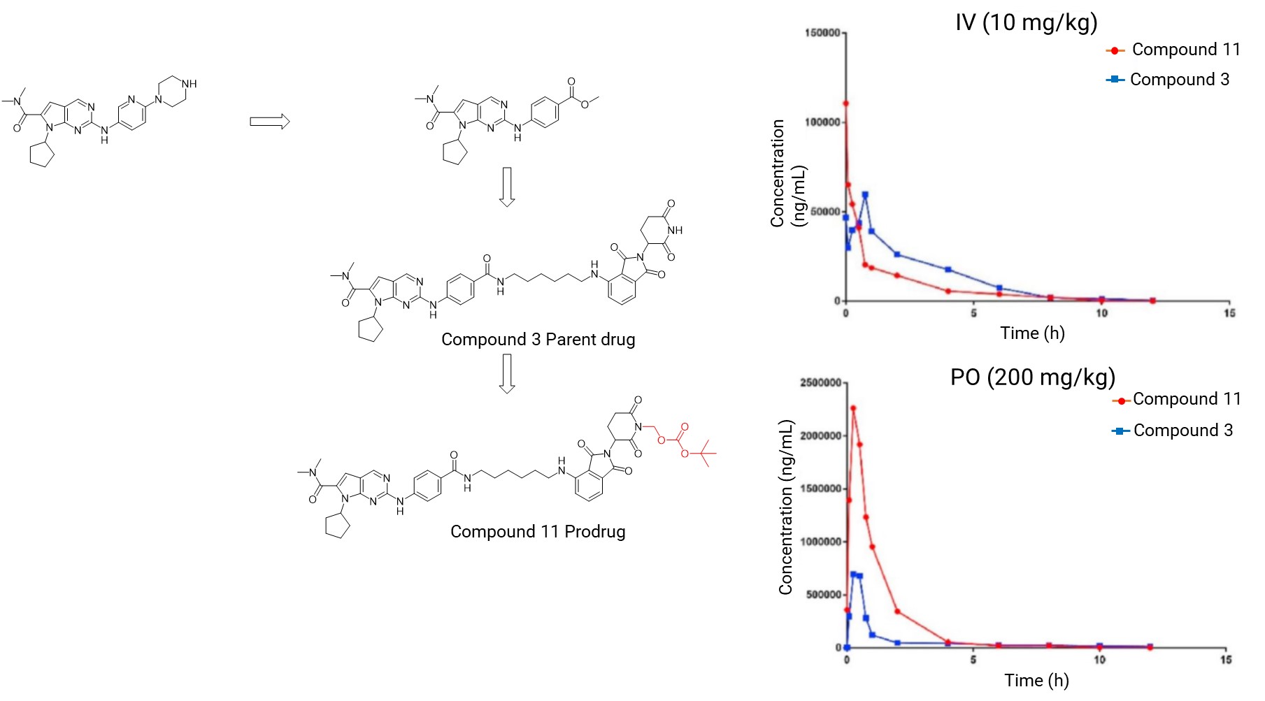 Oral bioavailability of compound 3 was significantly improved after its prodrug design as compound 11