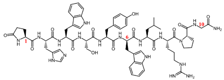 Structural formula of triptorelin (unnatural amino acid residues in red)